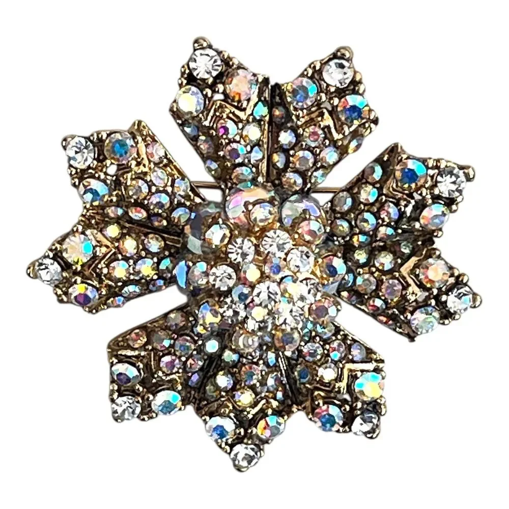 Kirks Folly Brooch AB Rhinestone Flower Gold Tone New Tags - 1C